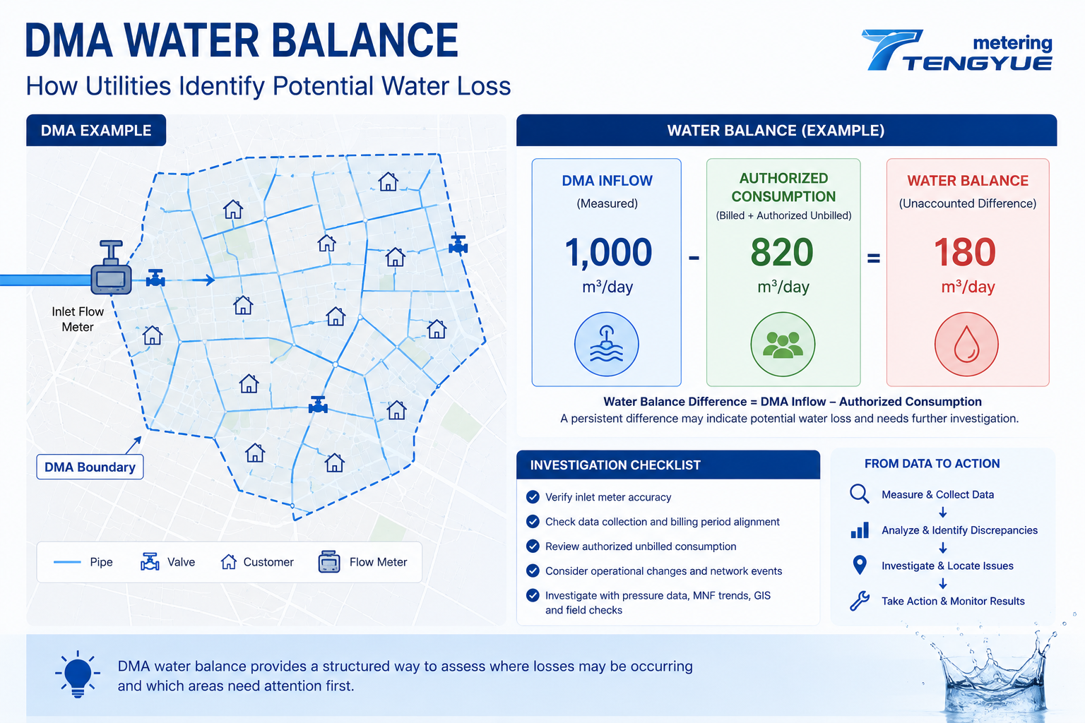 DMA water balance calculation comparing zone inflow with authorized consumption