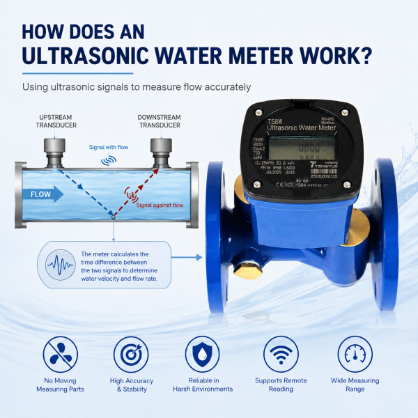 How an ultrasonic water meter measures water flow using ultrasonic signals